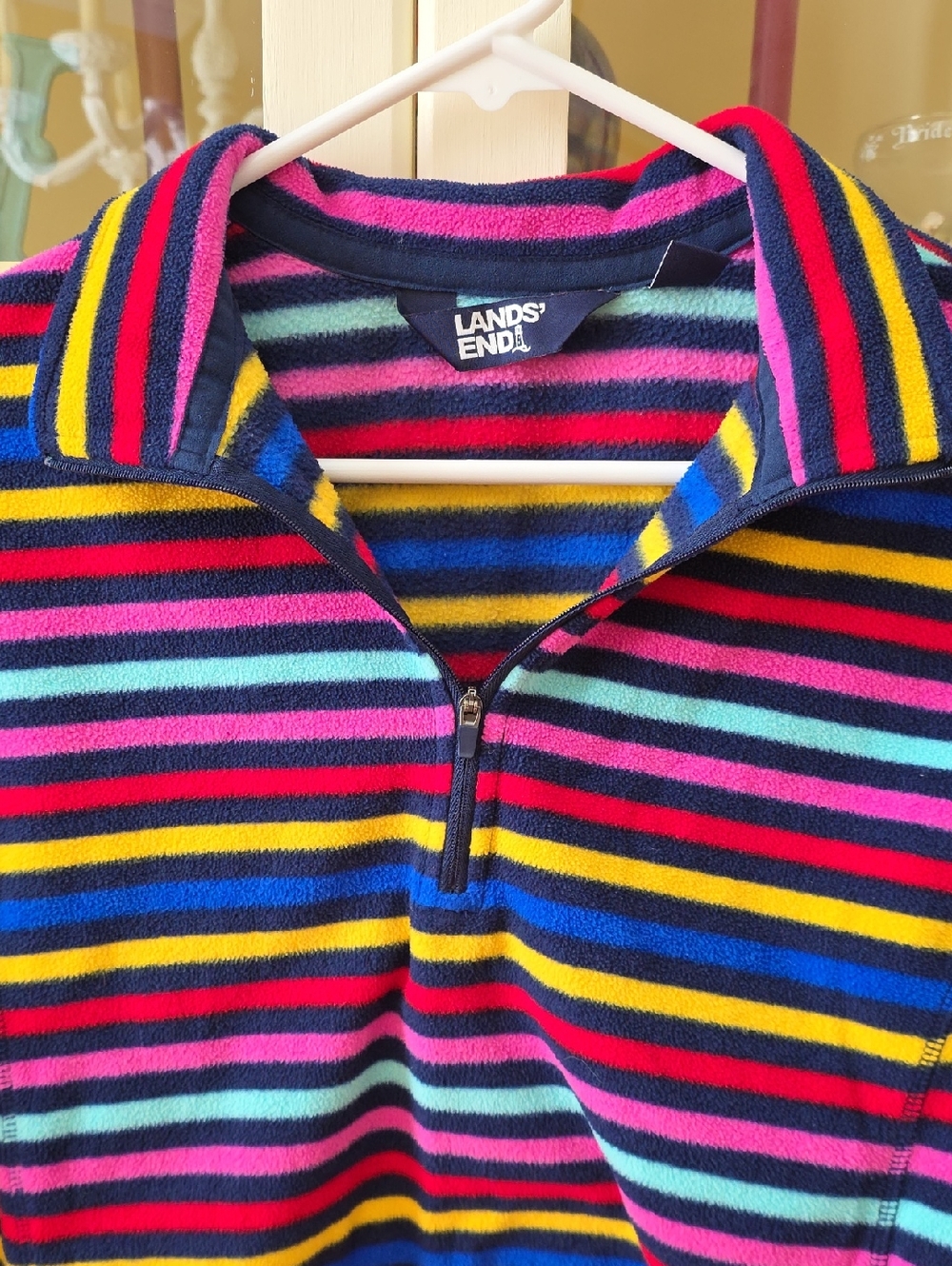 Lands' End Navy Fleece Quarter‑Zip with Pink and Multicolor Stripes